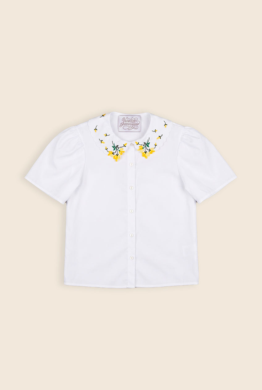 white collared shirt with floral embroidery on the collar and puffy sleeves 