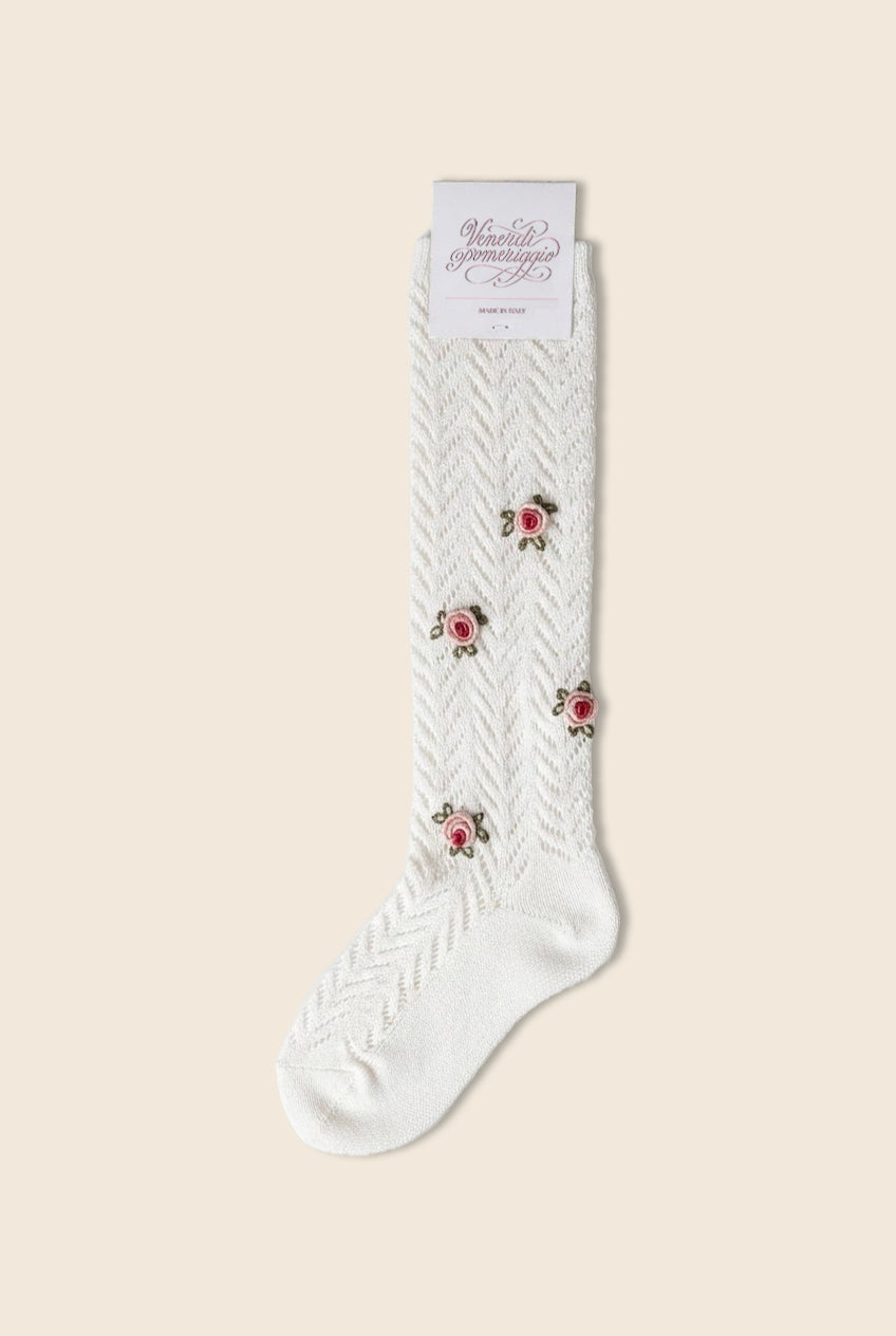 White knee-high sock with rose floral designs 