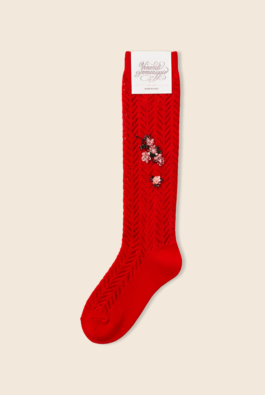 red lace socks with floral beaded embroidery 