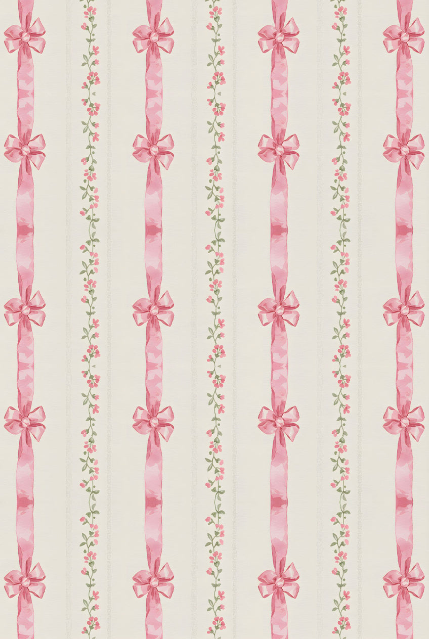 Pattern of pink ribbons and bows on a light cream background