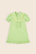 green gingham mini dress with bows and zig zag and embroidery detailing on the collar 