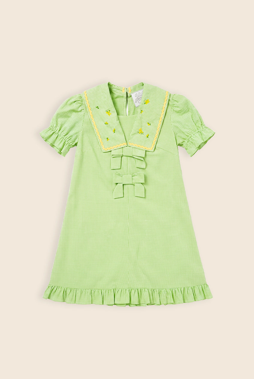 green gingham mini dress with bows and zig zag and embroidery detailing on the collar 