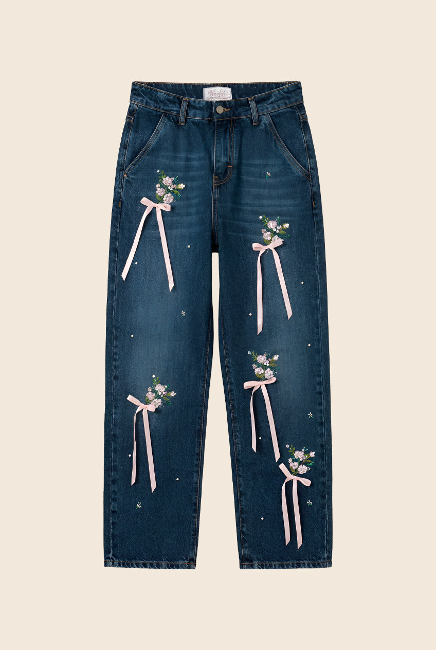 Blue jeans with floral and bow embroidery 