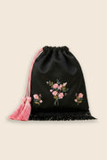 Black Satin Purse with floral embroidery and pink tassels