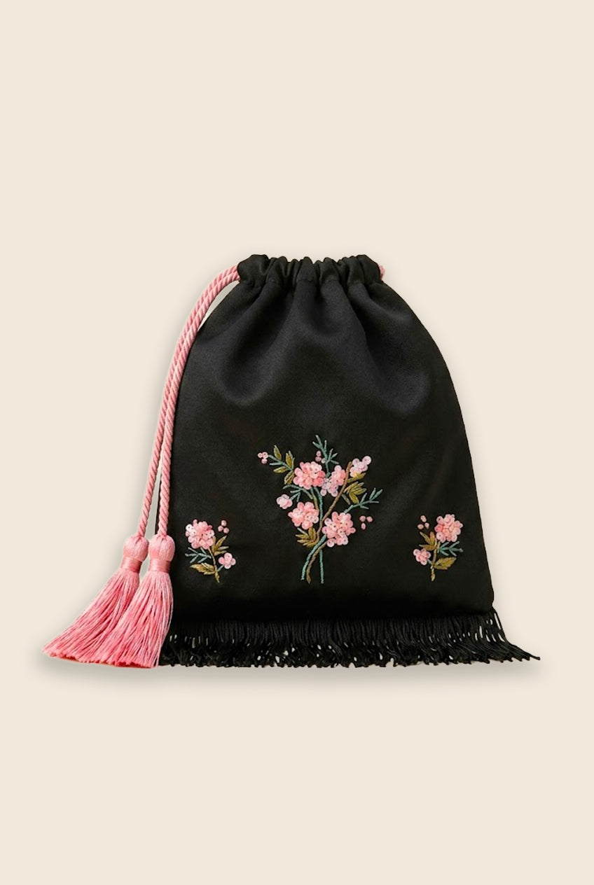 Black Satin Purse with floral embroidery and pink tassels