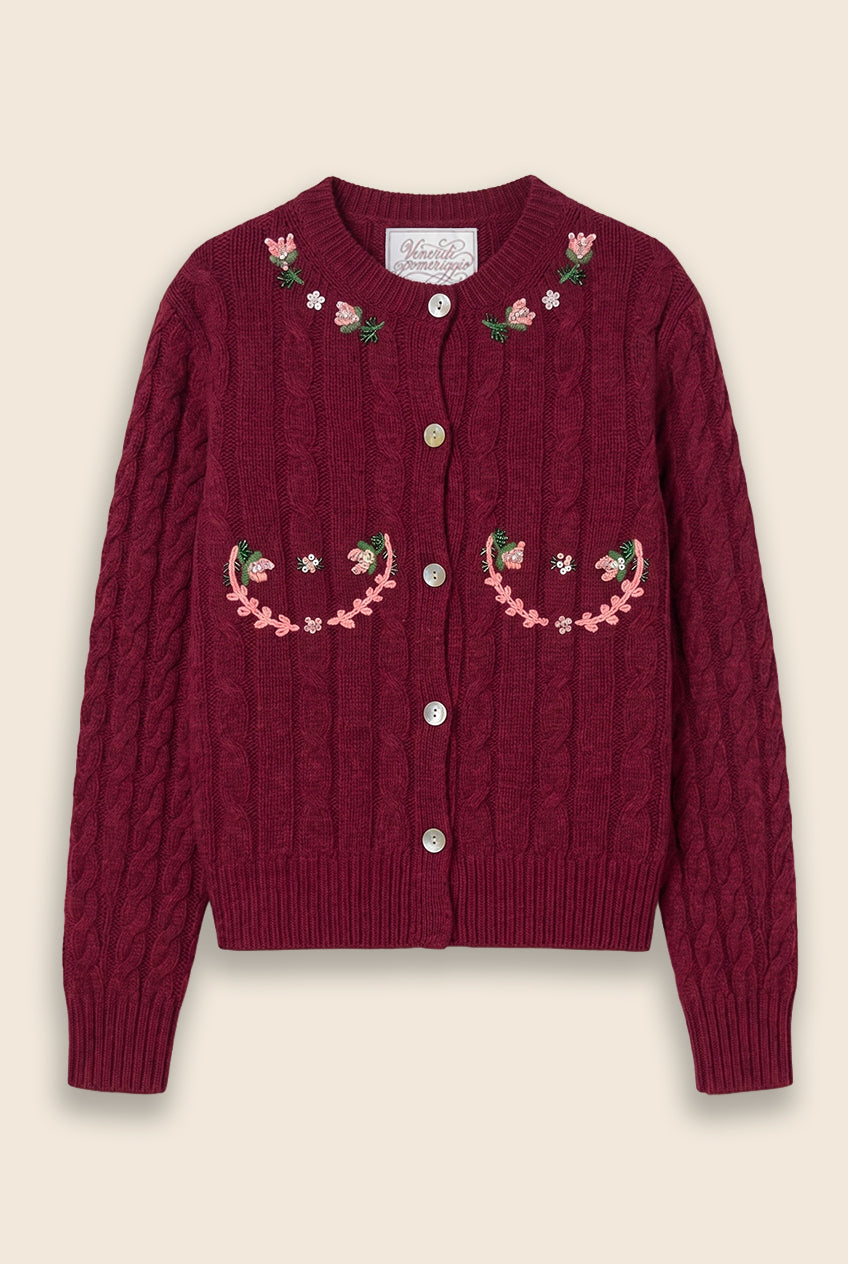 Burgundy cardigan with floral embroidery 