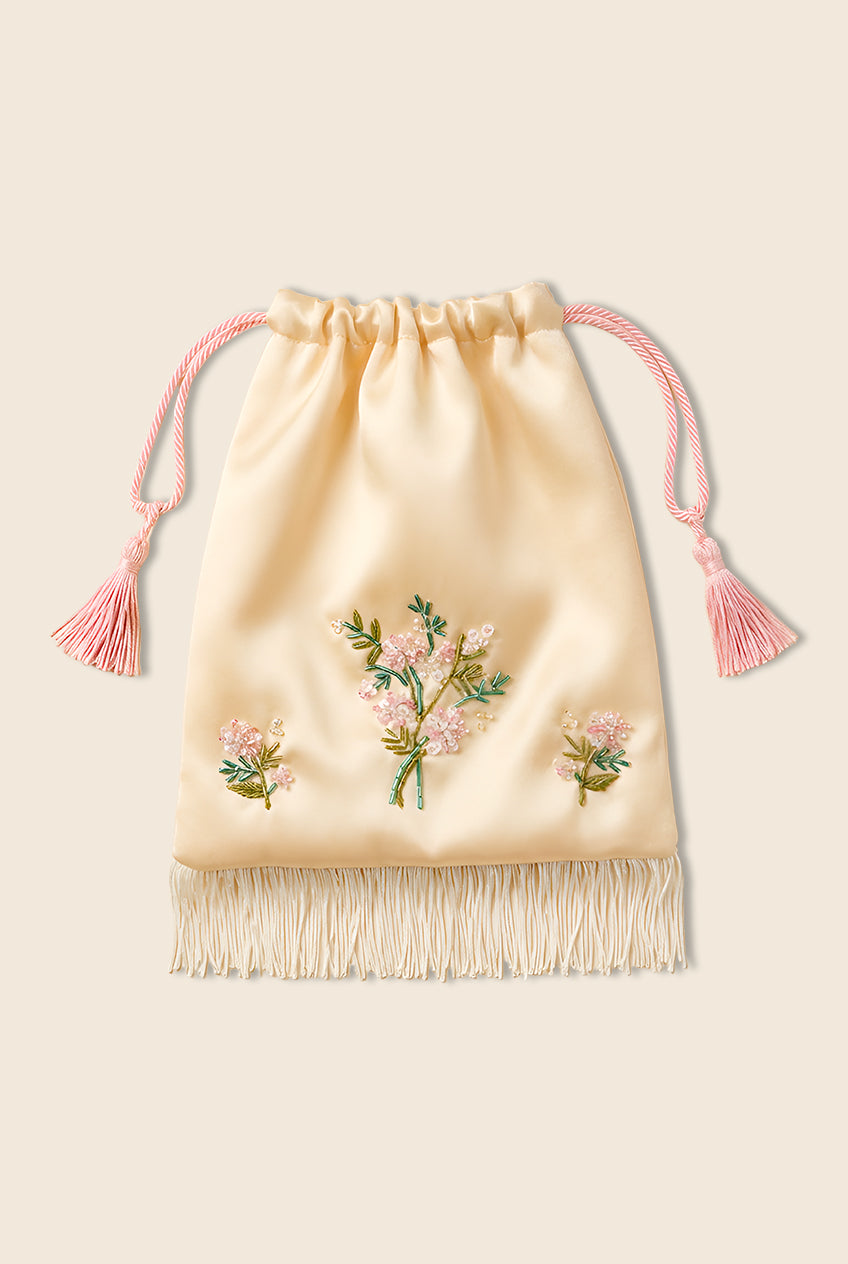 Yellow satin puch purse with beaded floral embroidery