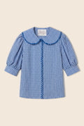 Blue gingham check button down shirt with a rounded collar and puffed sleeves 