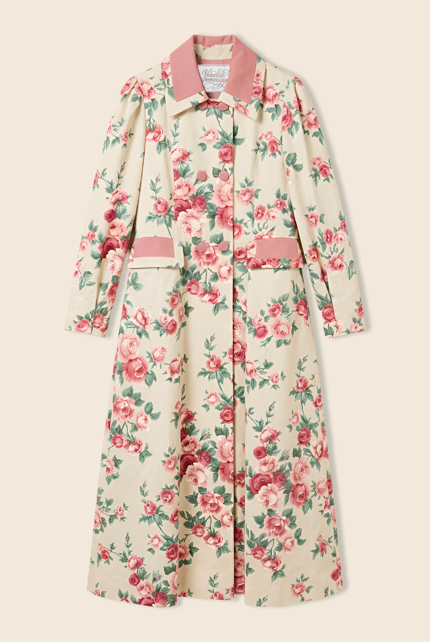 Floral patterned trench coat with pink velvet details 