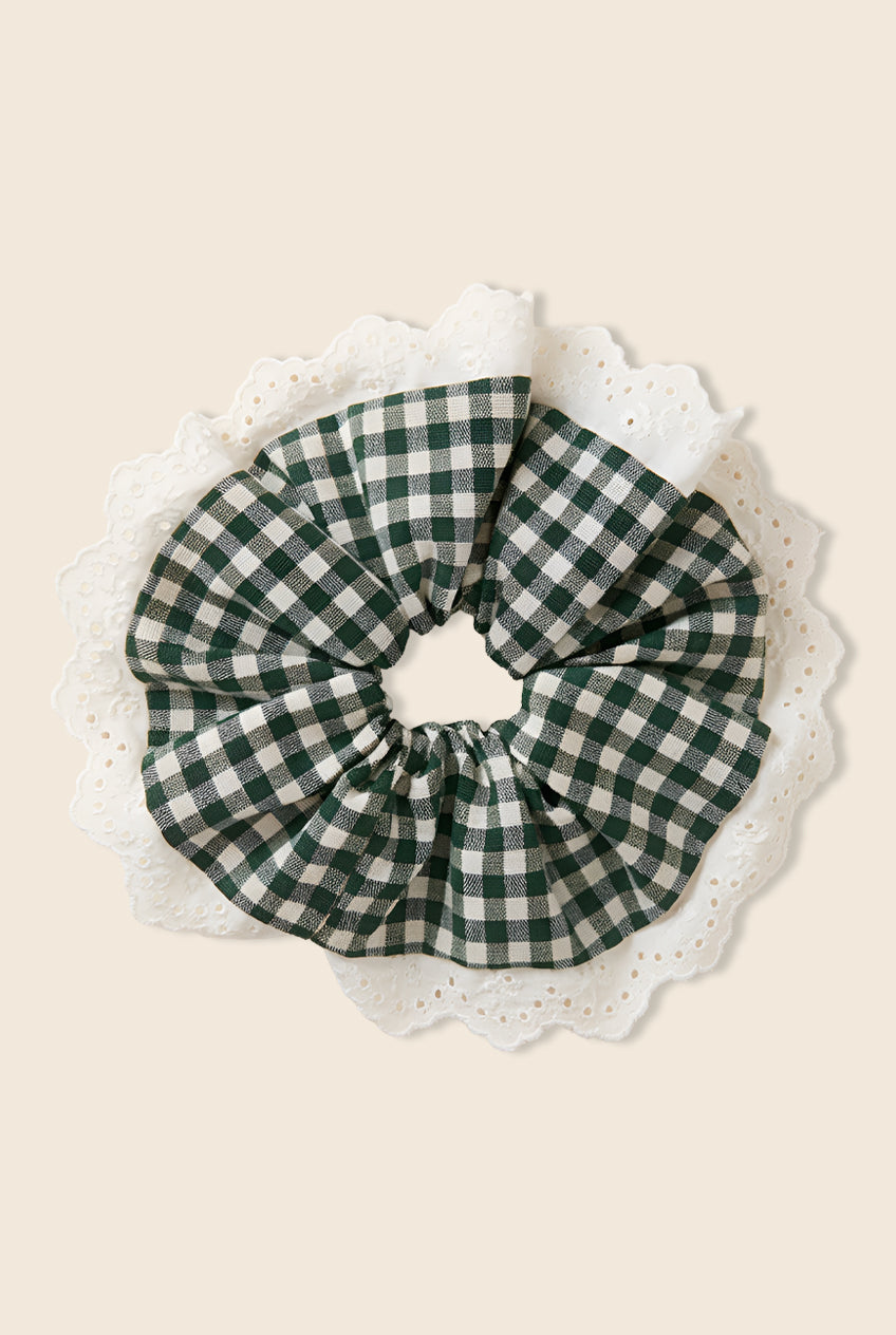Green and white checkered scrunchie for the hair