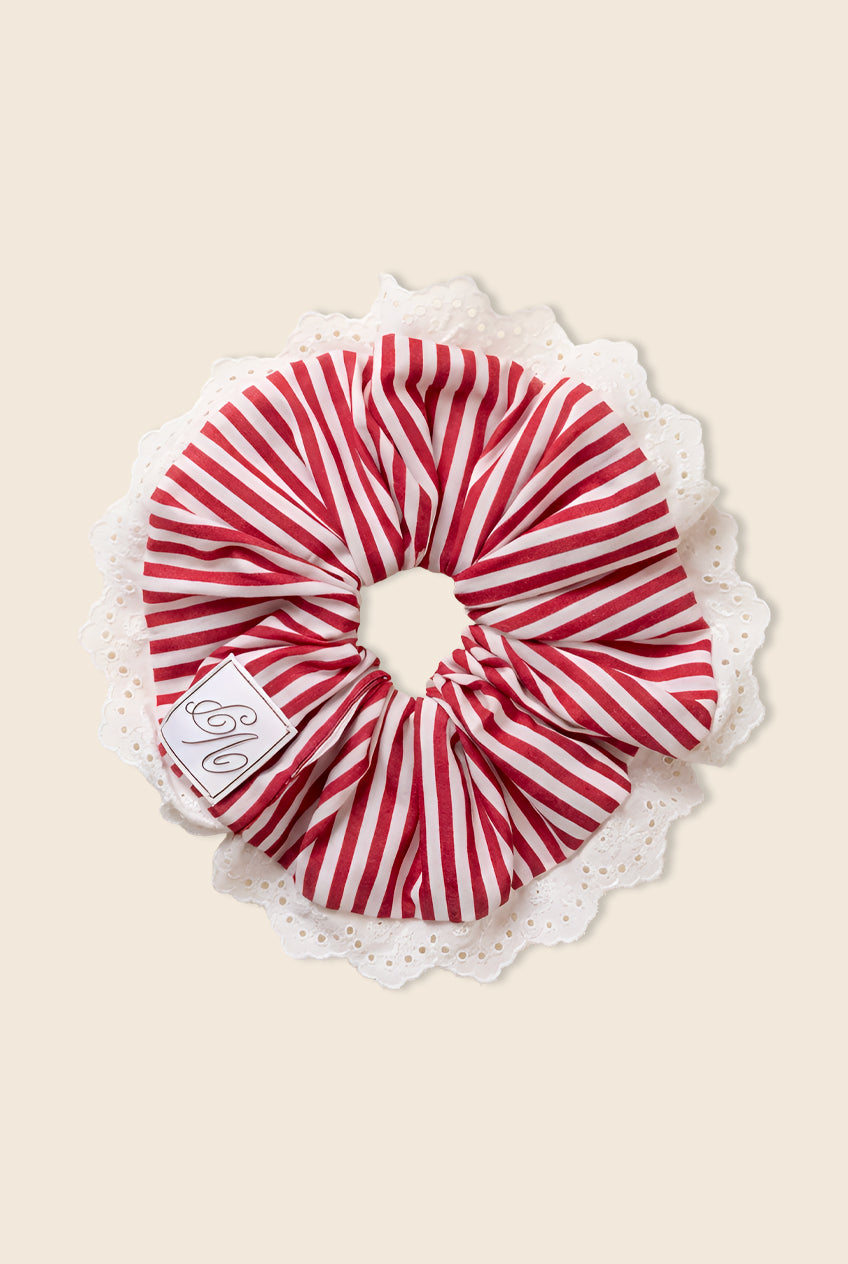 Red and white striped hair scrunchie 