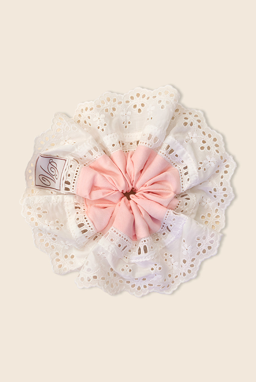 Pink hair scrunchie with lace details 