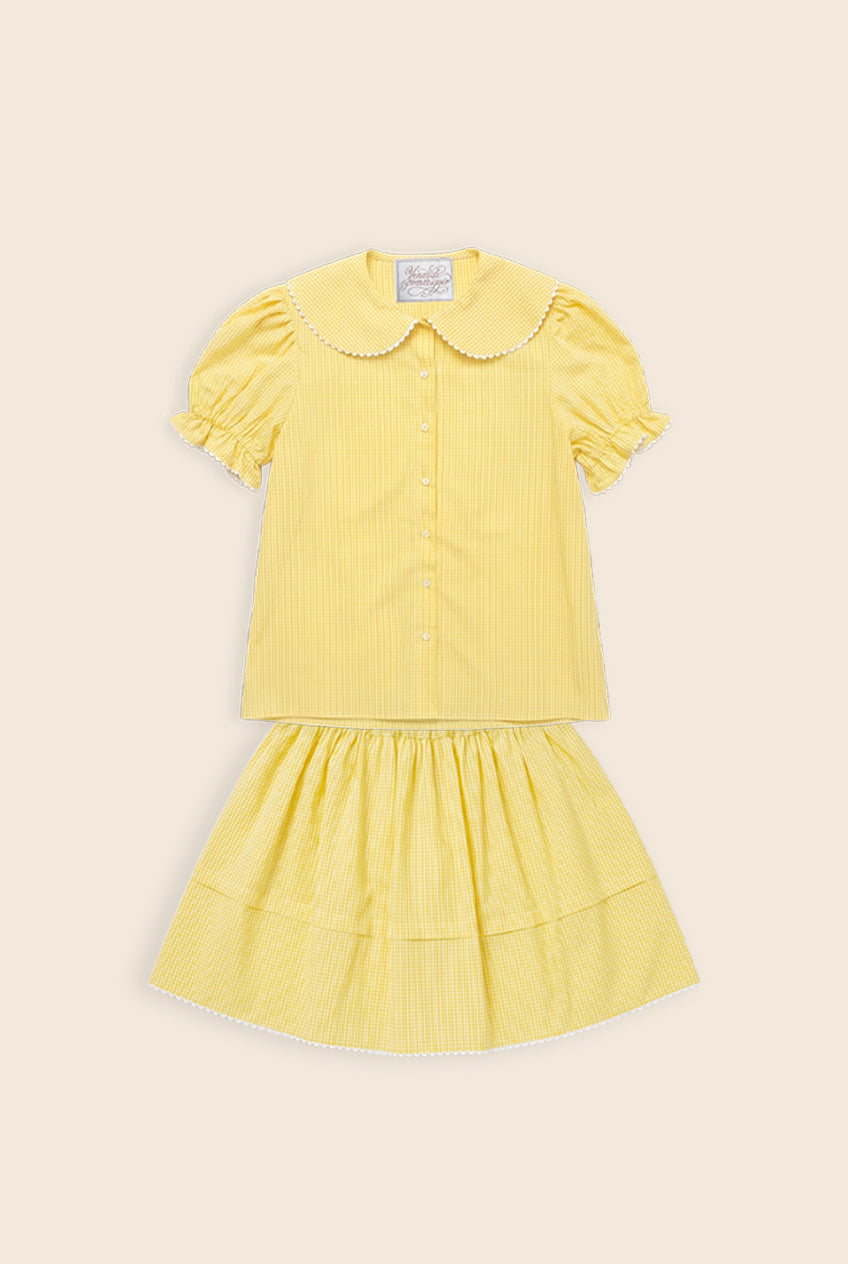 Yellow gingham co ord set with white scalloped trim details 