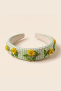 Green checkered headband with hand embroidered yellow flowers 