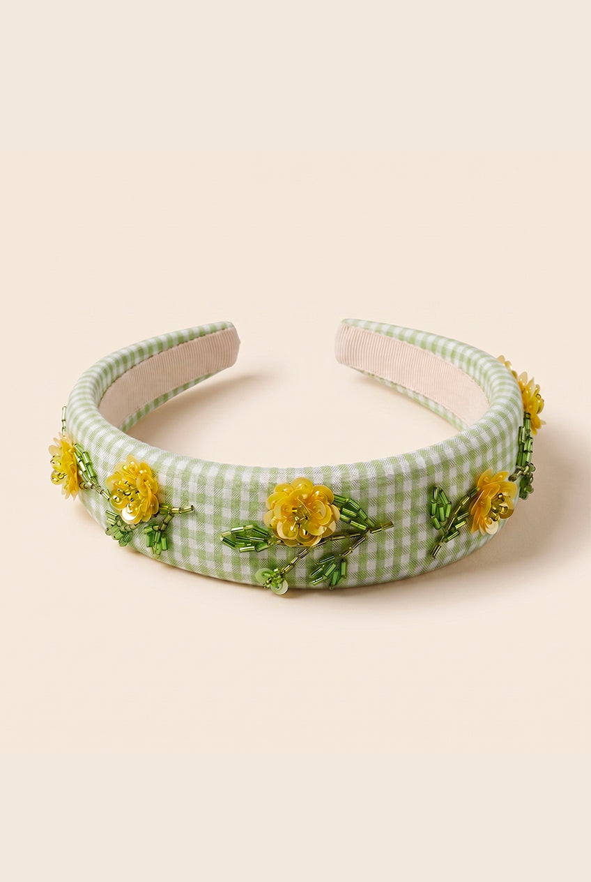 Green checkered headband with hand embroidered yellow flowers 