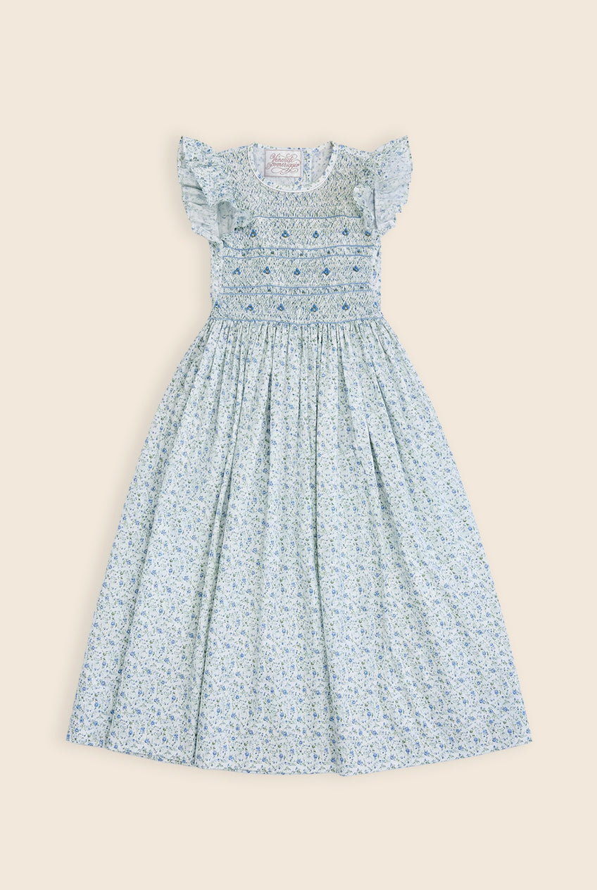 blue and white floral maxi dress with smock detailing 