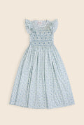 blue and white floral maxi dress with smock detailing 