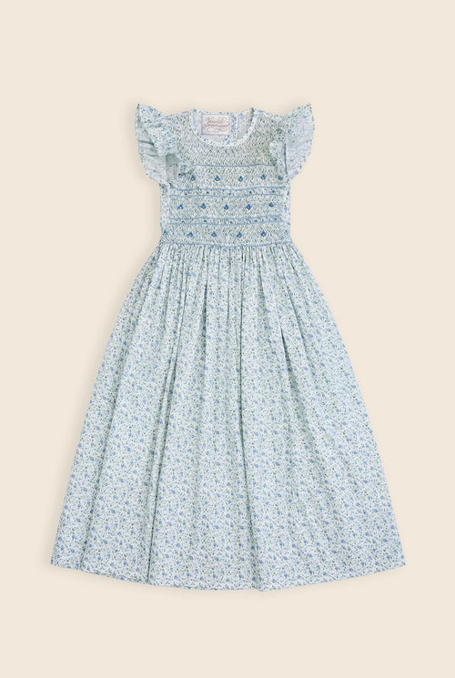 blue and white floral maxi dress with smock detailing 