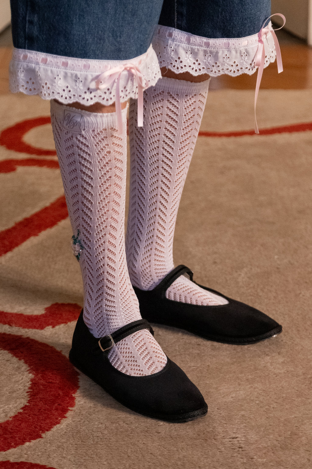 Lace Emboridery Socks Beaded