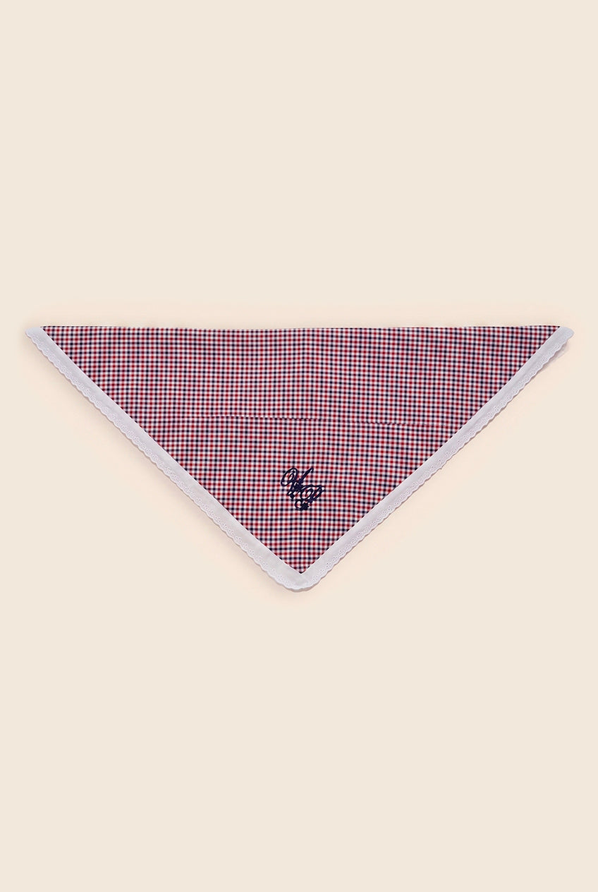 head scarf or bandana with embroidered VP logo and white lace trim 