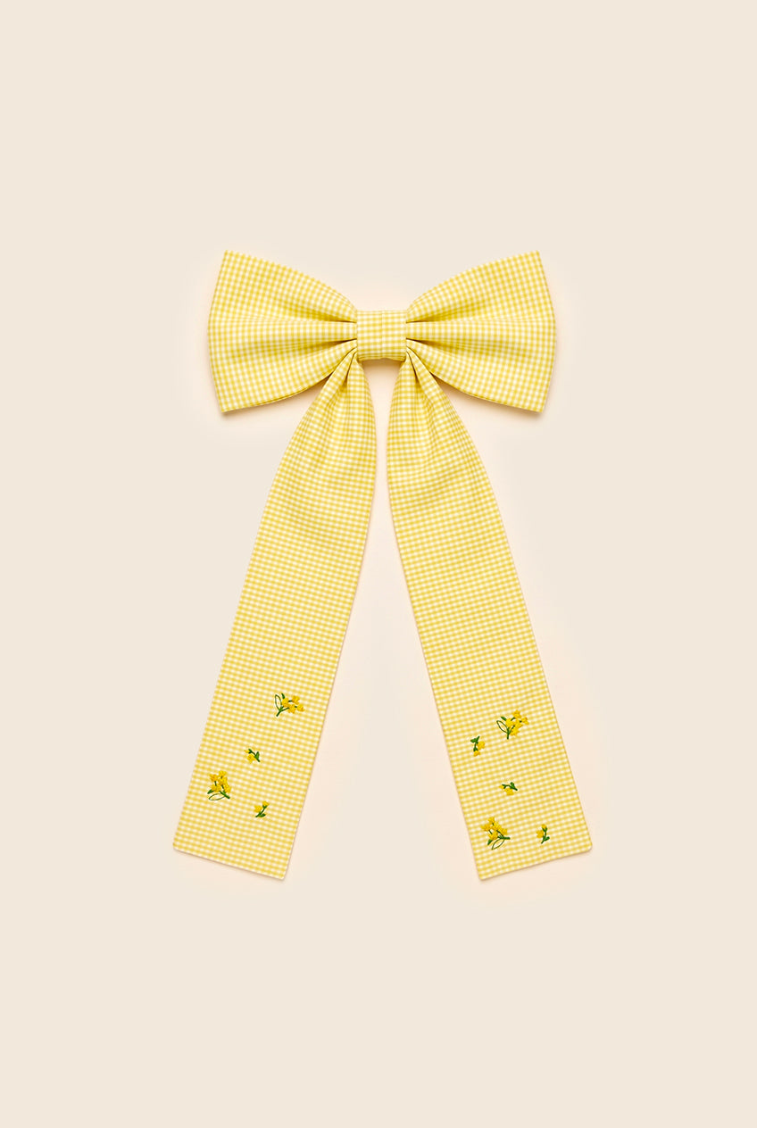 Yellow gingham bow hair clip with embroidered flowers